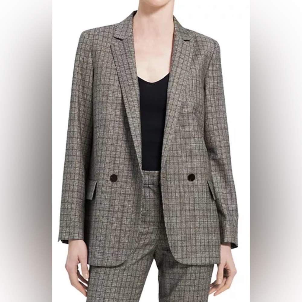 Theory dbl breast oversized boy jacket in maple flannel plaid sz 10 VIRGIN WOOL